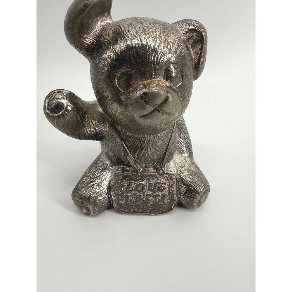Vintage Love Lasts Teddy Bear Piggy Bank Silver Plated Metal Nursery Decor